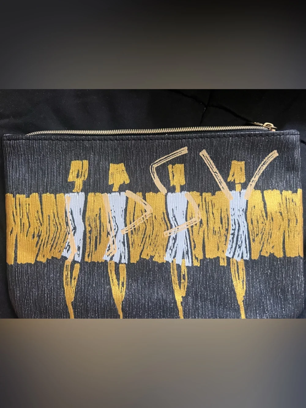 ipsy Black Cosmetic Pouch with Gold and White Dancer Print